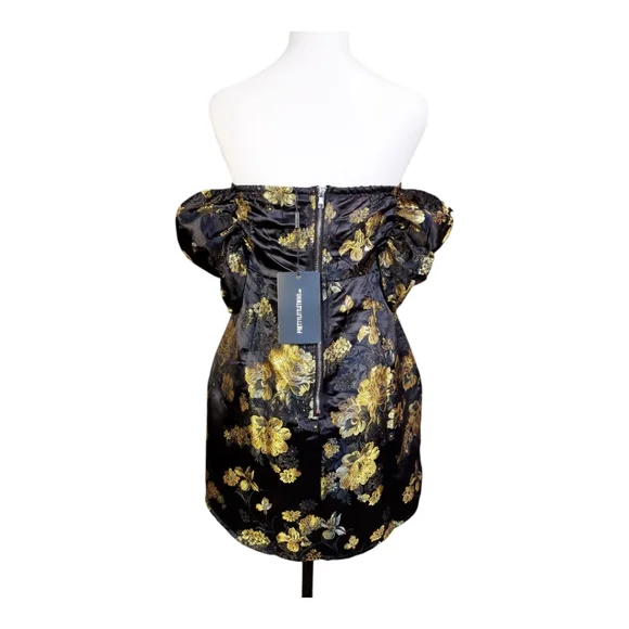 NWT Pretty Little Thing Black & Gold Floral Jacquard Strapless Mini Dress 10 - Picture 5 of 12